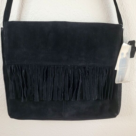 Vintage Boho Suede Fringe Purse Black Ward 1970s Style NEW FLAW READ - Picture 1 of 16